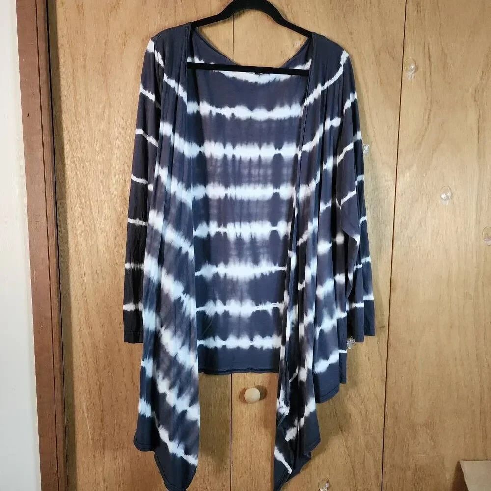 Allen Allen Gray and White Tie Dyed Waterfall Front Knit Kimono Size 1X